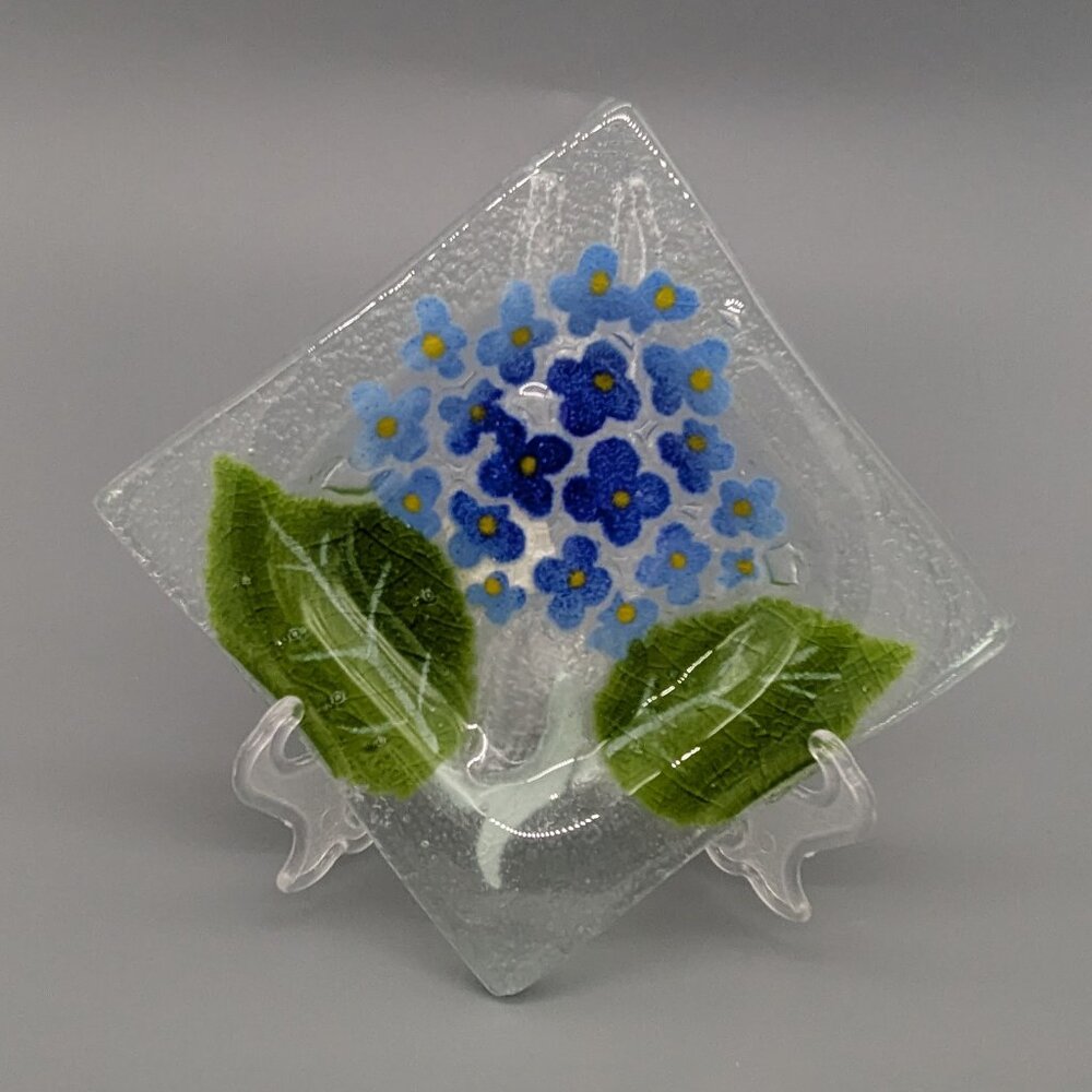 Bryant Art Glass Small Square Dish Fused Forget Me Nots Flowers North Carolina